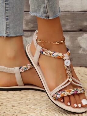 Women’s Beige Braided T-Strap Sandals